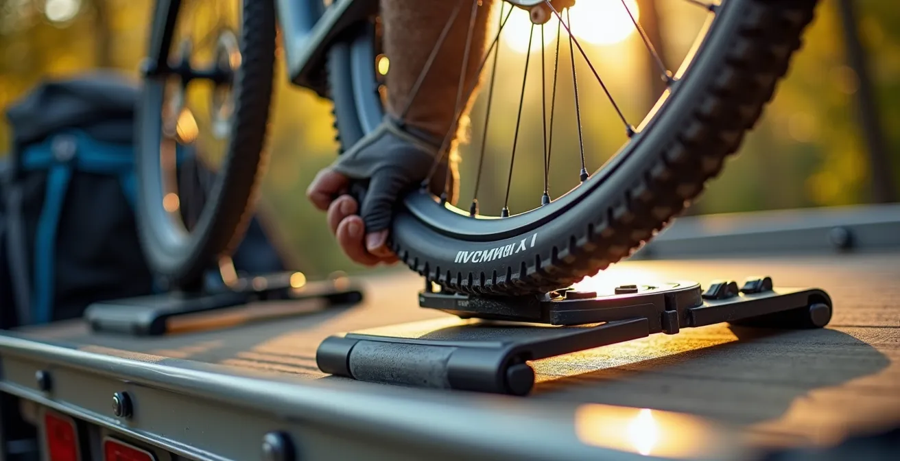 Mains gantées guidant délicatement la roue d'un VTT sur une plateforme de remorque basse avec rails de fixation visibles