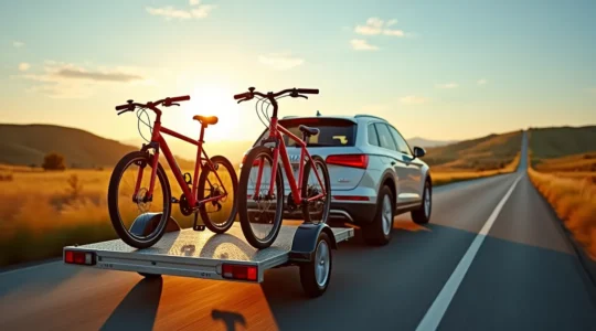 Vue arrière d'une voiture tractant une remorque chargée de plusieurs vélos sur une route de campagne ensoleillée