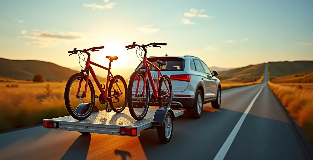 Vue arrière d'une voiture tractant une remorque chargée de plusieurs vélos sur une route de campagne ensoleillée