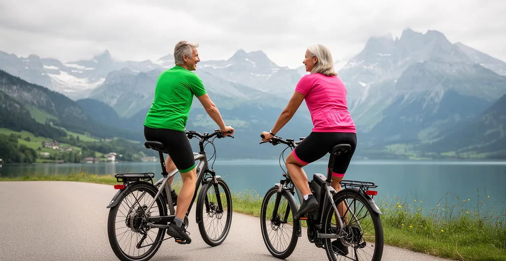 Couple en vélo électrique gravissant une côte alpine sans effort visible