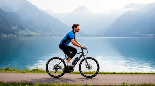 Cycliste en vélo électrique longeant le lac d'Annecy avec panorama alpin