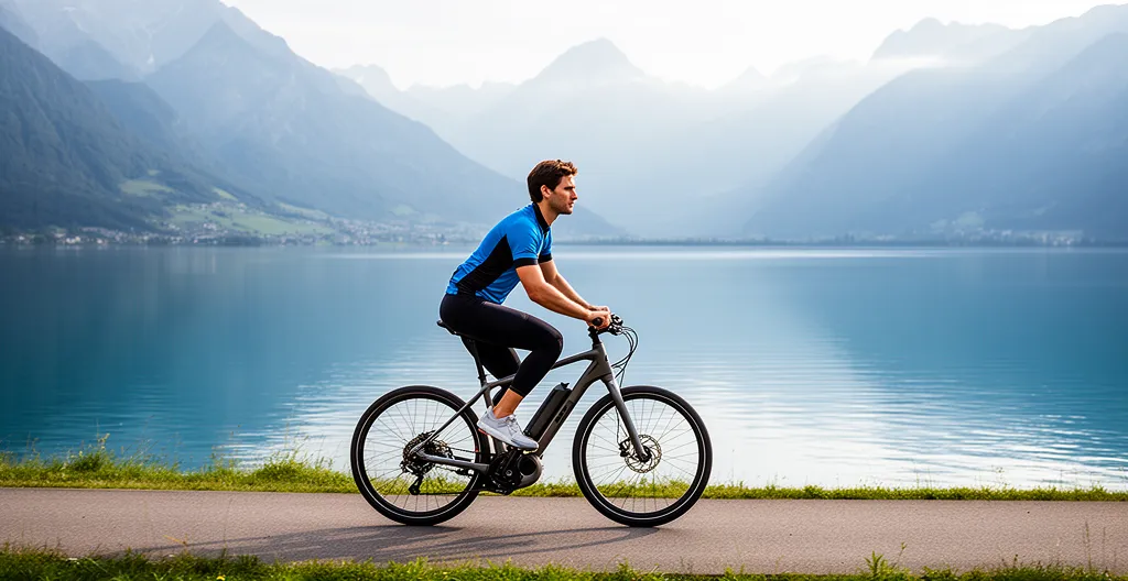 Cycliste en vélo électrique longeant le lac d'Annecy avec panorama alpin