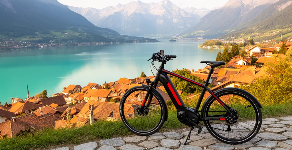 Vélo électrique garé devant panorama lac d'Annecy et villages savoyards